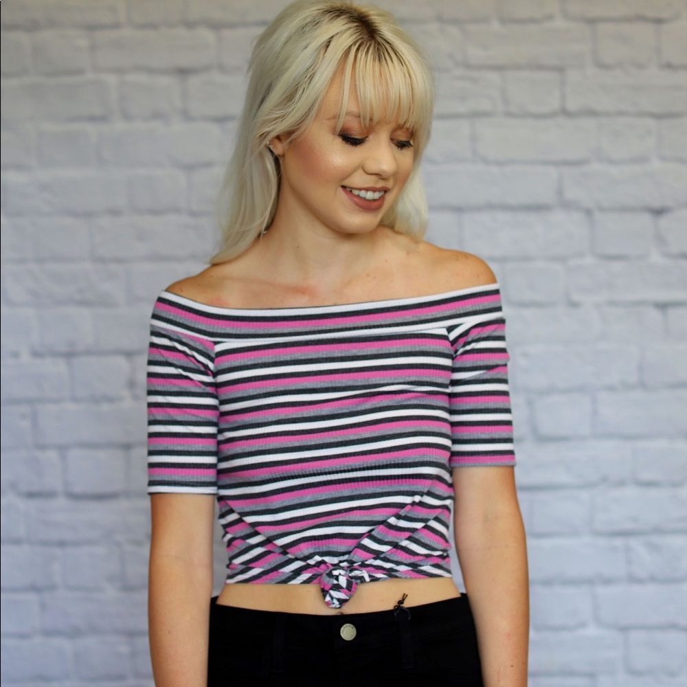 Pink Stripe Off The Shoulder Crop Top